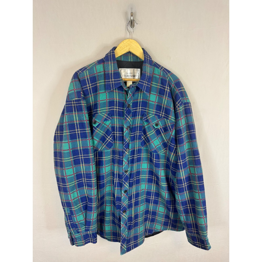 Vintage Sears 80s Wearmaster Blue Plaid Quilted Lined Flannel Shirt Jacket XL